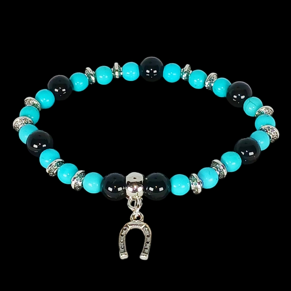Western Style Bracelet Horseshoe Charm Turquoise Howlite Black Onyx Cowboycore